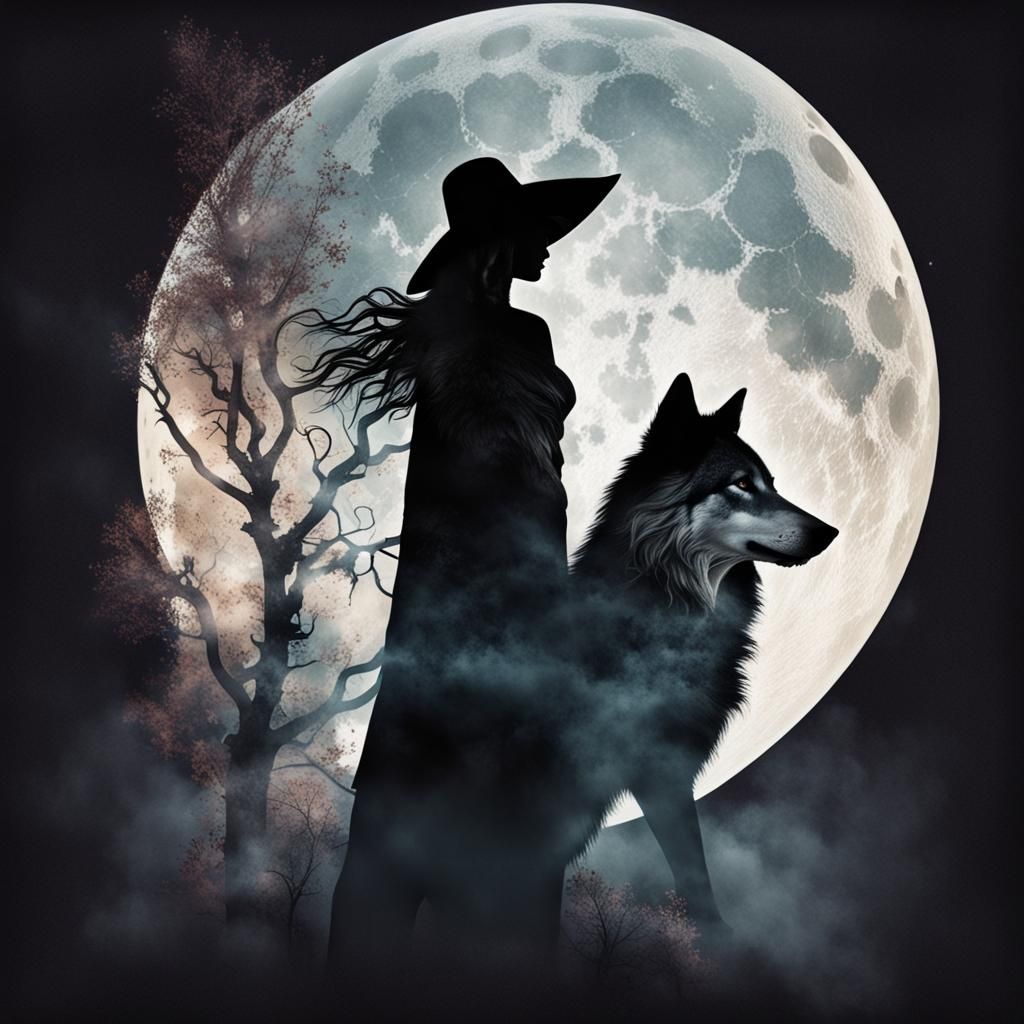 Double Exposure Art: Witch Grimoire, Wolf, Moon, Gladiator