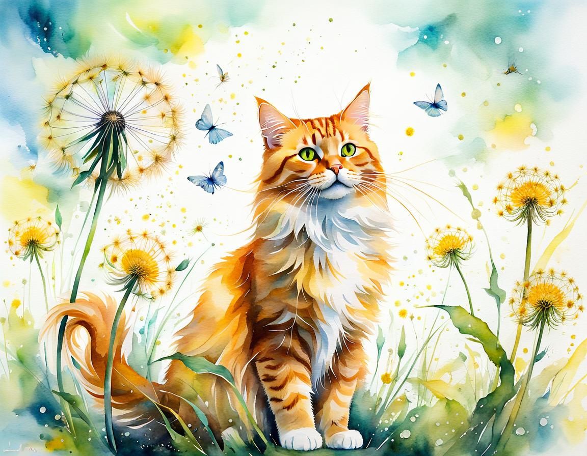 Ginger Cat with Dandelion Seeds in Watercolor Fantasy