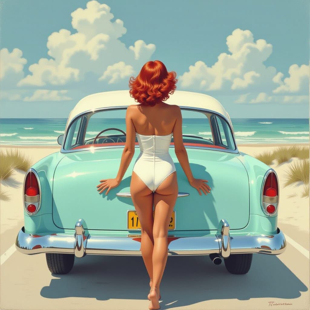 Ethereal Redhead Pin-Up in Motel Room as Charcoal Drawing