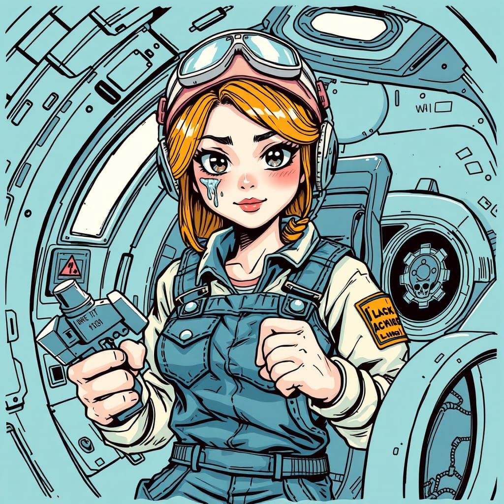 Space Captain Repairs Spaceship in Alcohol Line Art