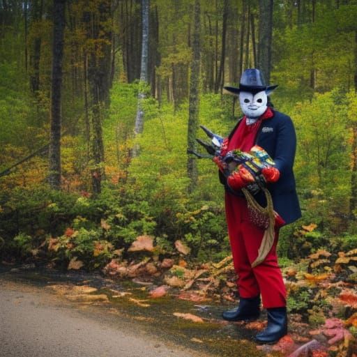 Menacing Clown with Chainsaw in Autumn Landscape