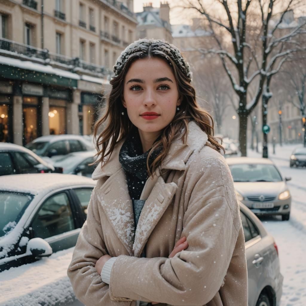 Elegant Woman in Snowy Paris