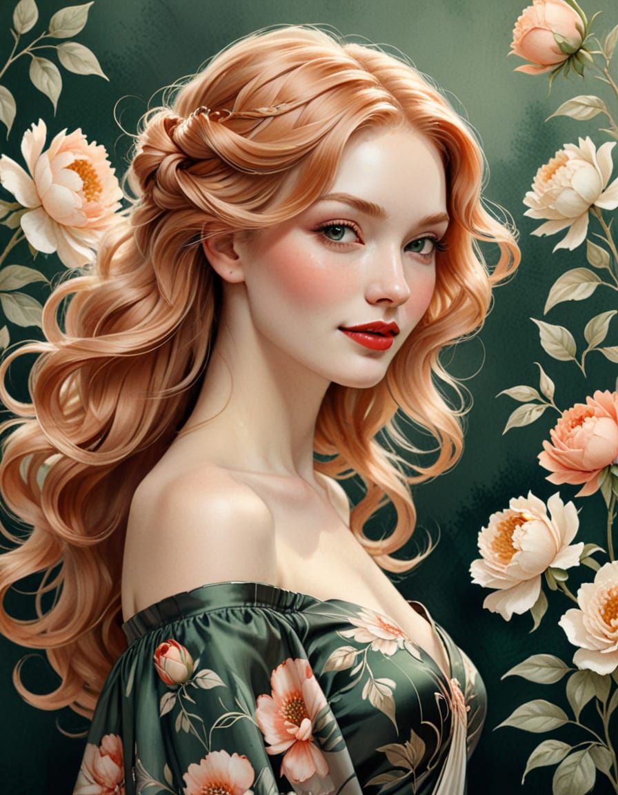 Art Deco Woman with Roses and Flowing Hair