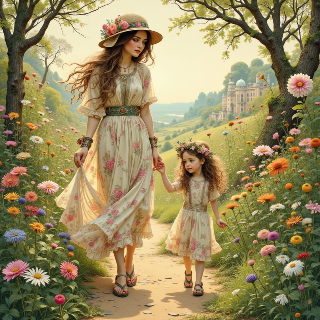 Elegant Mother and Daughter Stroll in Fantasy Garden