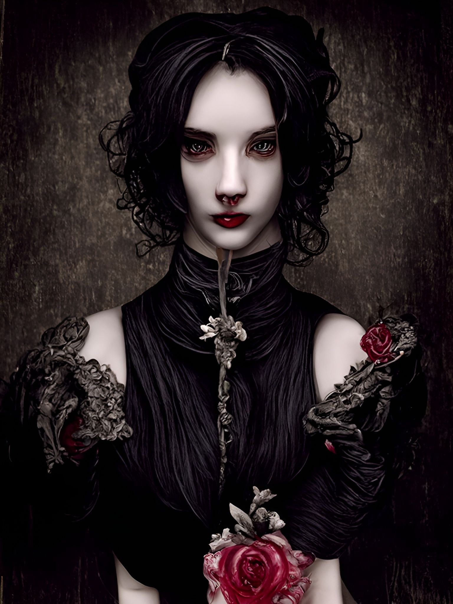 Gothic Woman with Red Rose Portrait