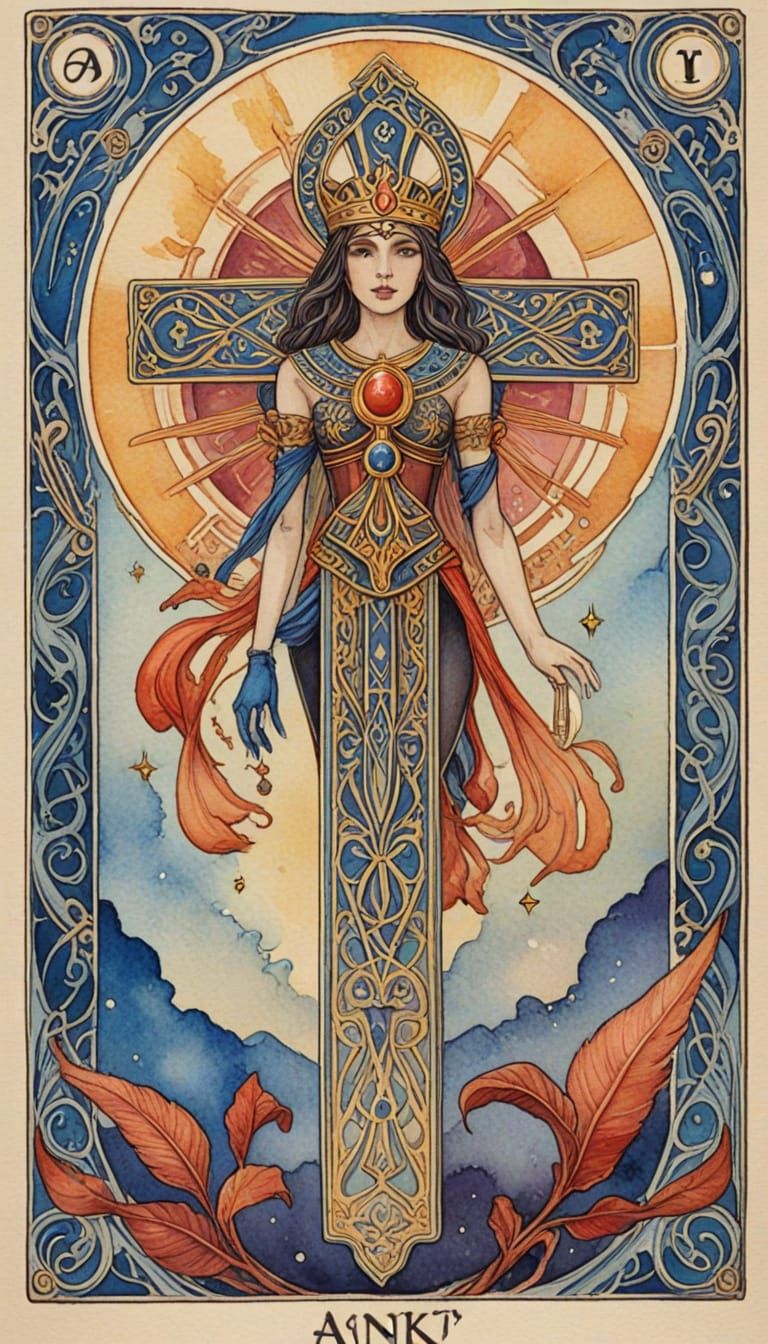 Sensual Art Nouveau Ankh Tarot Card in Watercolour