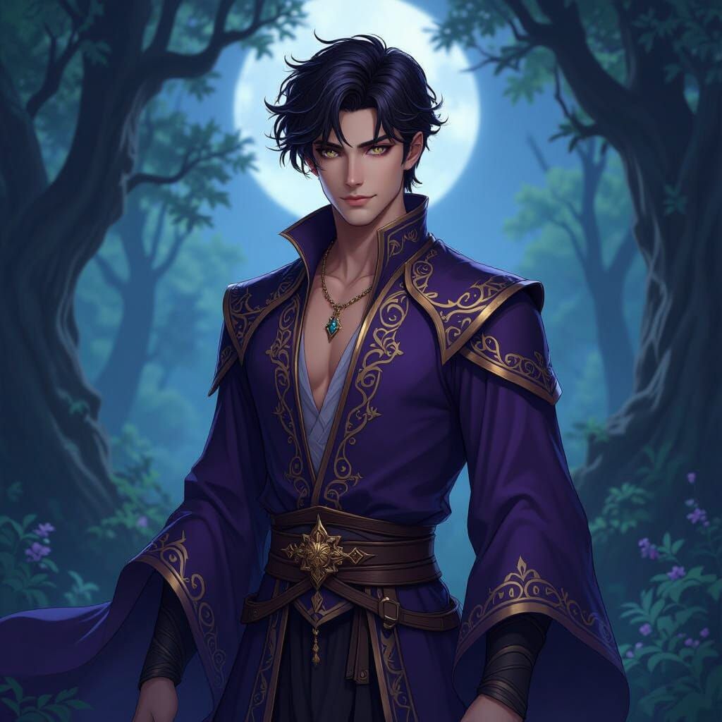 Fantasy Man in Purple Tunic in Moonlight Forest