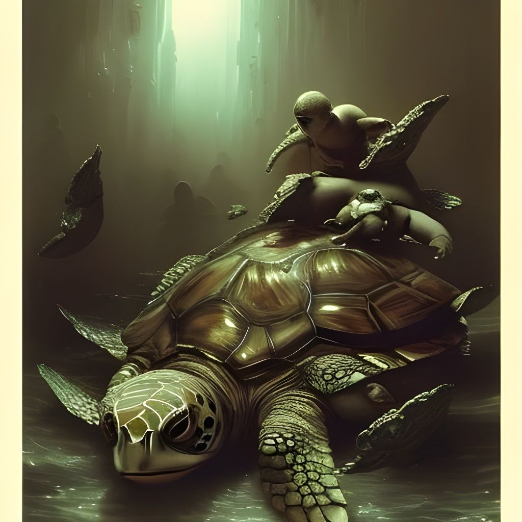 Angry Turtle with Babies in Horror Style