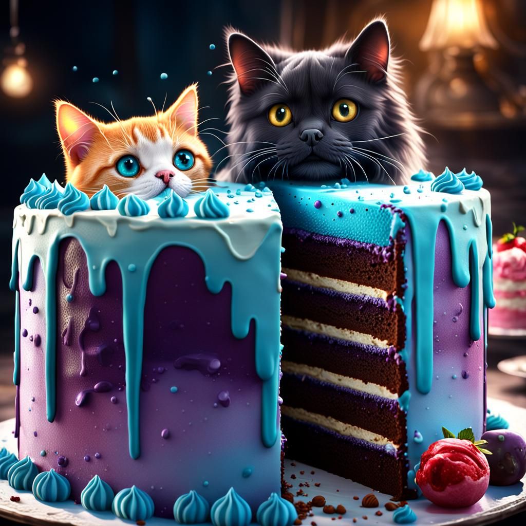 Dog and Cat Peek From Cake in Detailed Painting