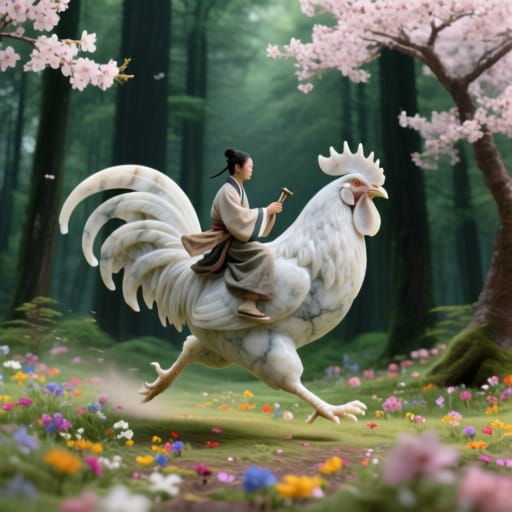 Marble Rooster in Serene Forest with Rider