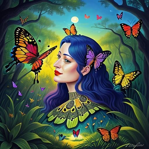 Surreal Forest Scene with Butterflies and Turtles