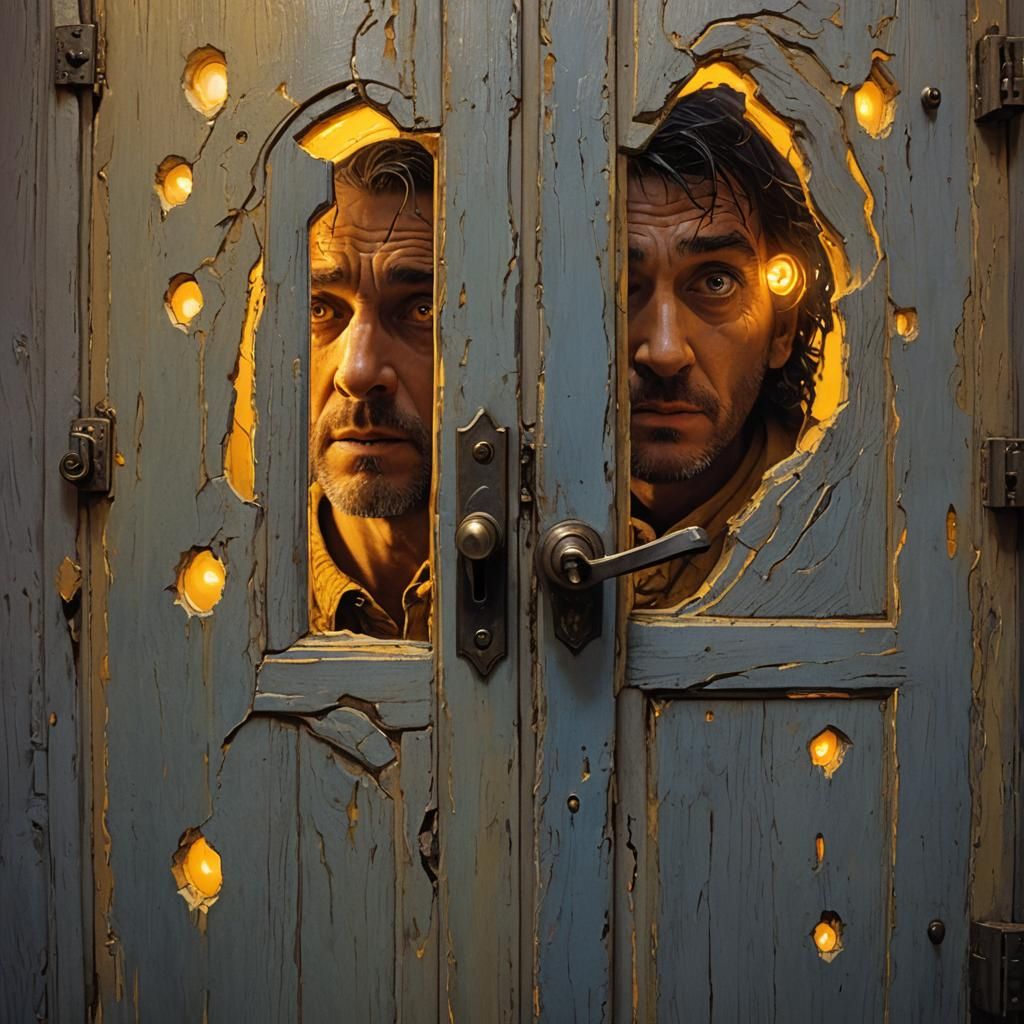 Man Fearfully Locks Door in Dark Fantasy Style