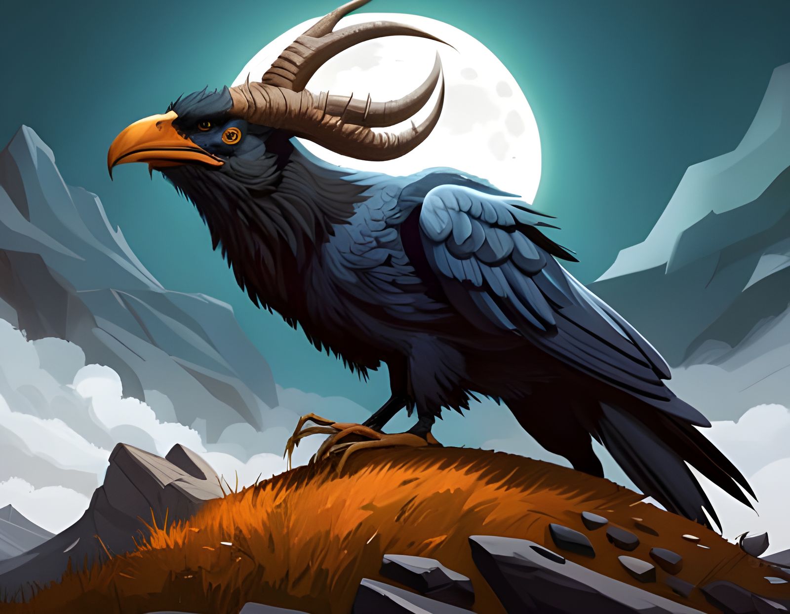 Monstrous Raven with Ibex Antlers in Dark Fantasy Style