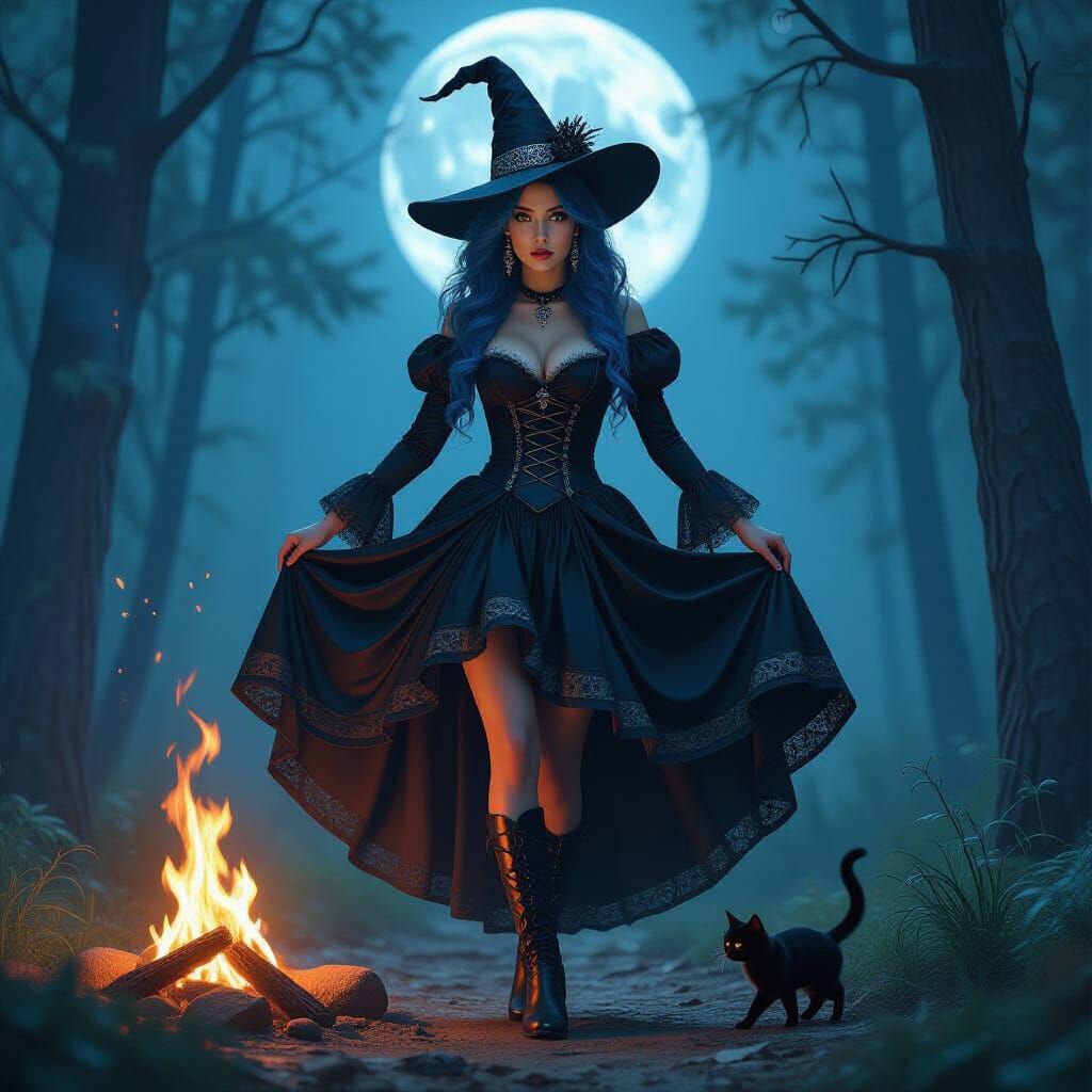 Mystical Forest Witch Dancing by Campfire in Moonlight