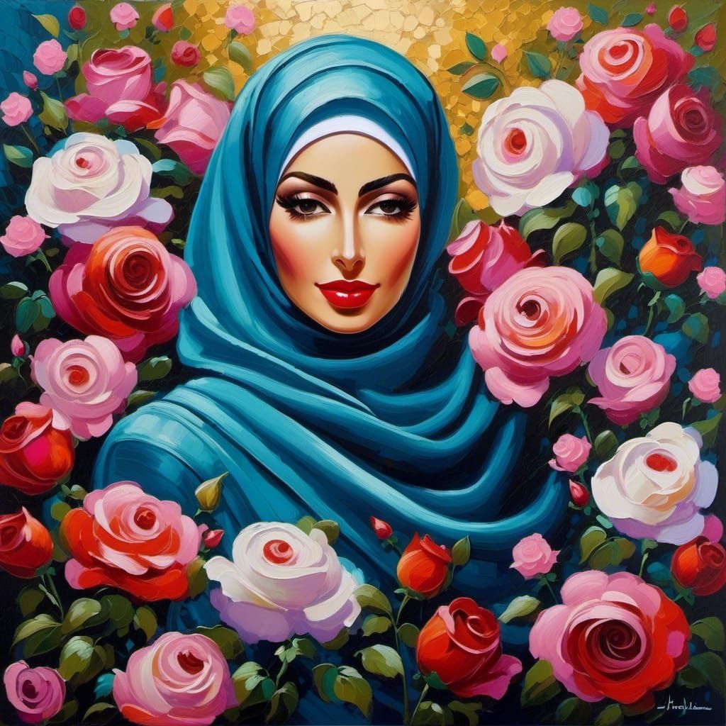 Masked Woman in Rose Garden Impasto Painting