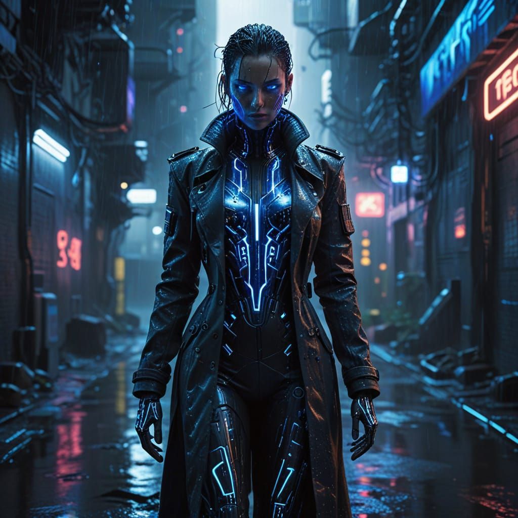 Female Android in Rain-Slicked Cyberpunk Alley