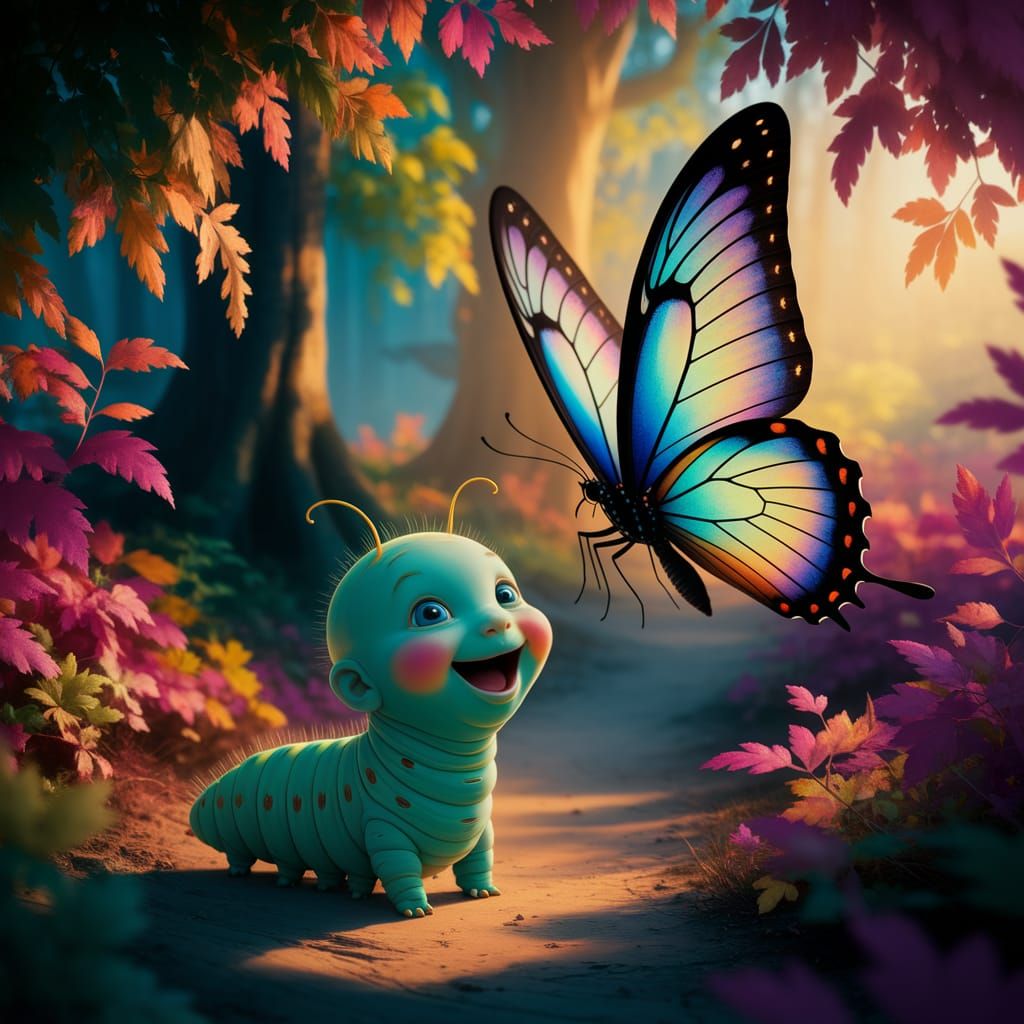 Enchanted Forest: Caterpillar and Butterfly in Golden Light