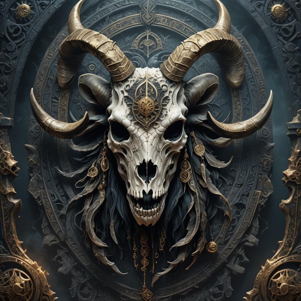 Intricate Goat Skull with Runes in Dark Fantasy Style