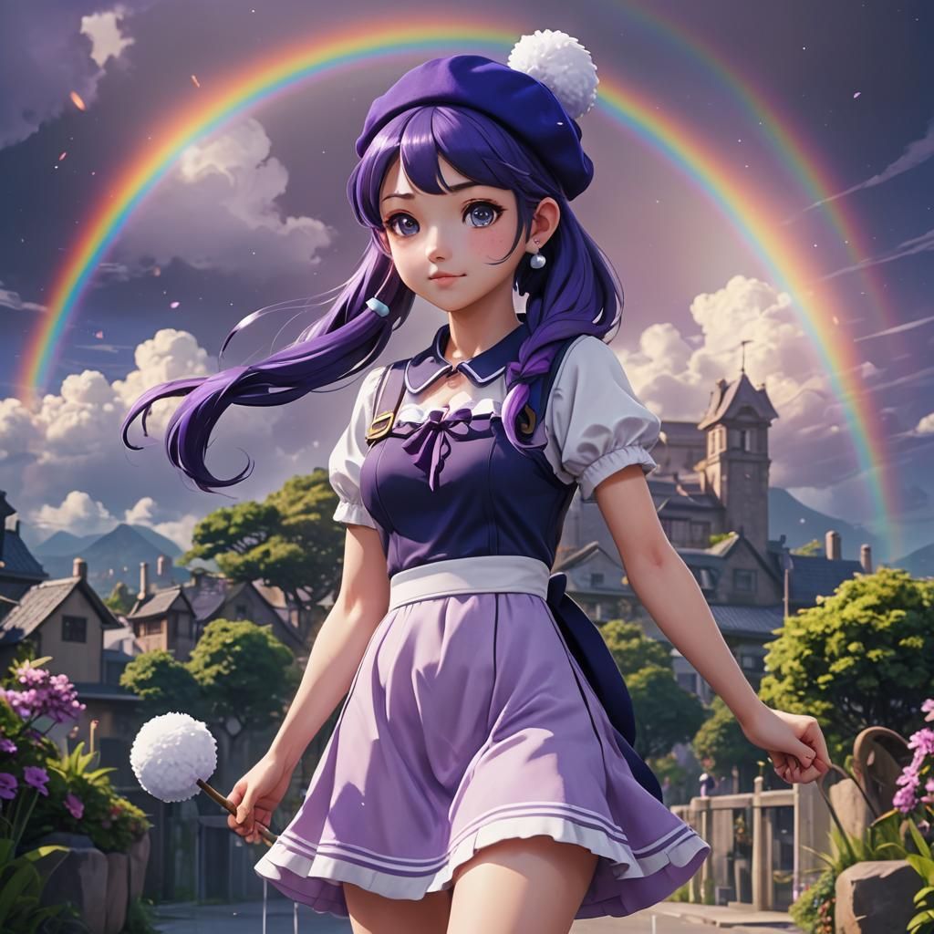 Adorable Anime Girl on a Rainbow in Detailed Painting
