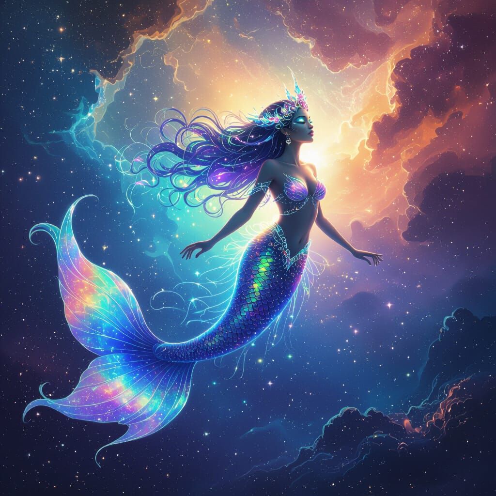 Bioluminescent Mermaid in Nebula, Digital Art