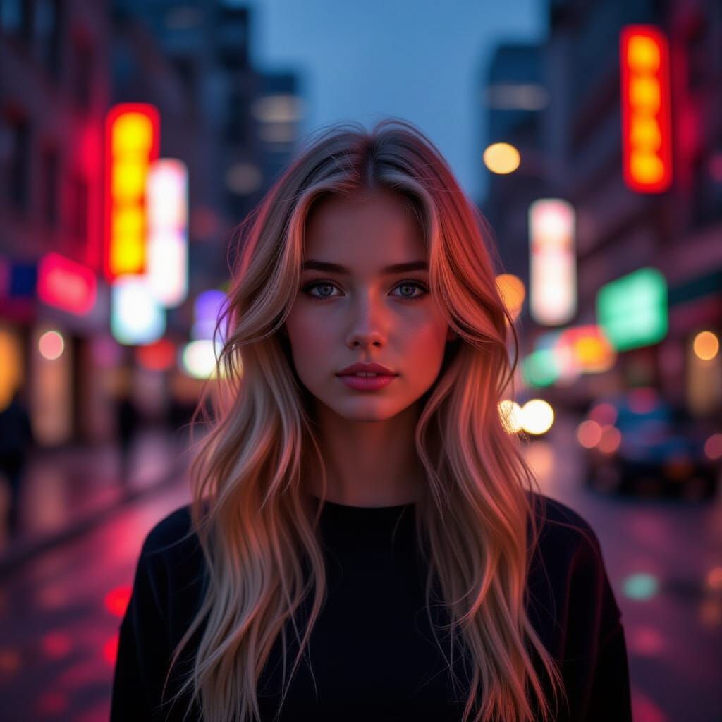 Blonde Woman in Neon Cityscape at Dusk