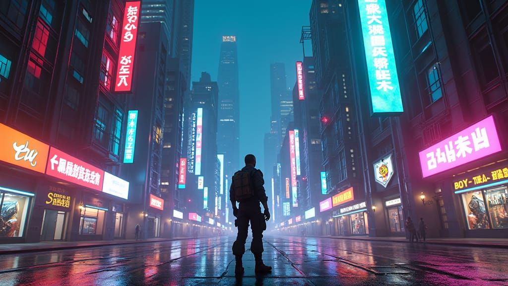 Cyberpunk Soldier Overlooking Futuristic Cityscape at Night