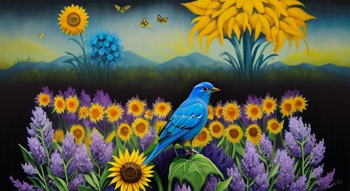 Surreal Blue Bird in Ethereal Meadow