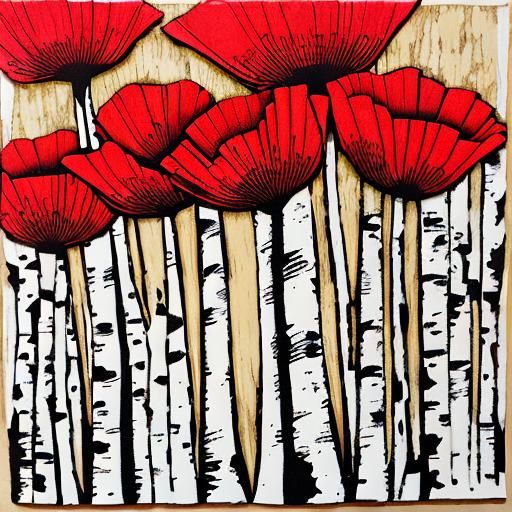 Poppy and Birch Wood: Surreal Folk Art Print