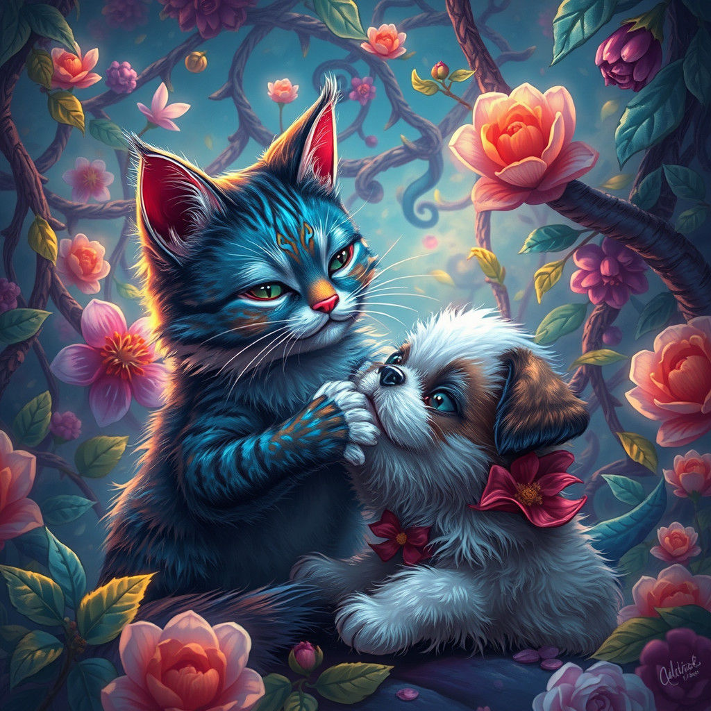 Iridescent Cat Grooming Puppy in Dreamy Landscape
