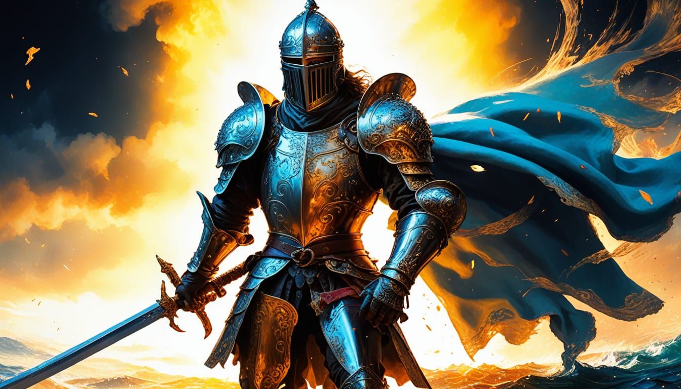 Elegant Chevalier Rises with Ornate Épée in Vibrant Golden L...