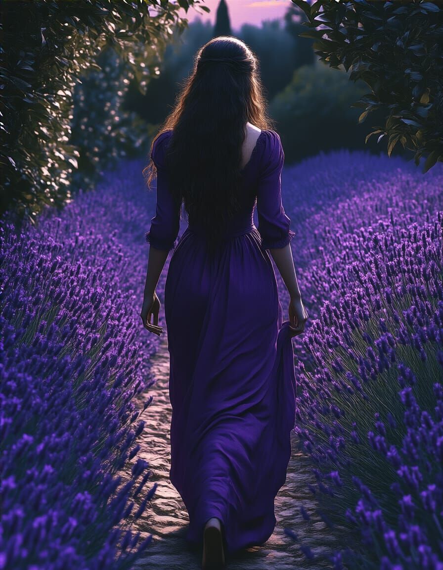 Baroque Woman in Purple Garden as Oil Painting