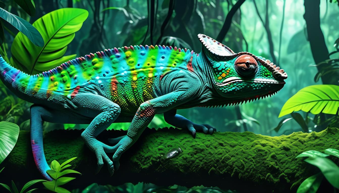 Camouflaged Chameleon in Detailed Rainforest Scene