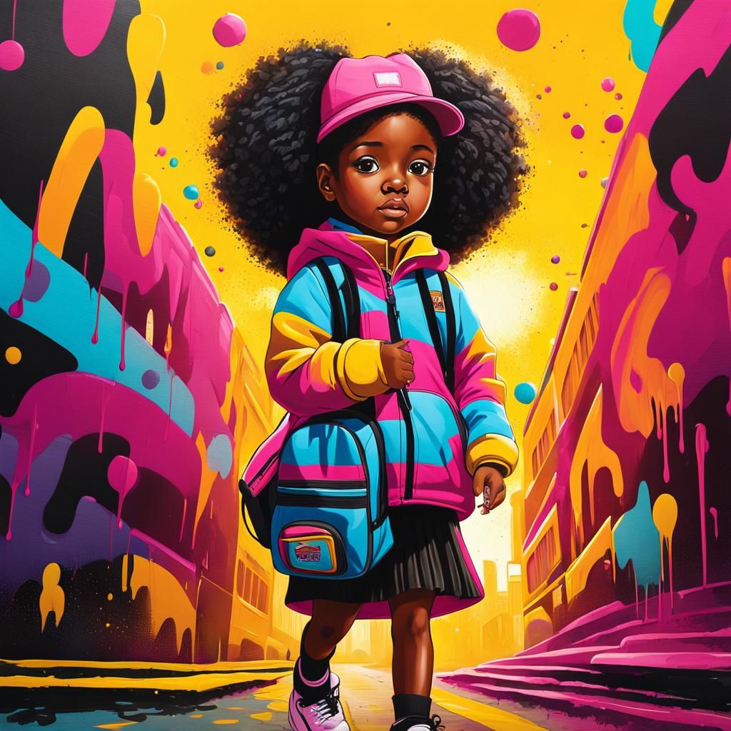 Girl in Pink Coat Boards School Bus: Graffiti Art