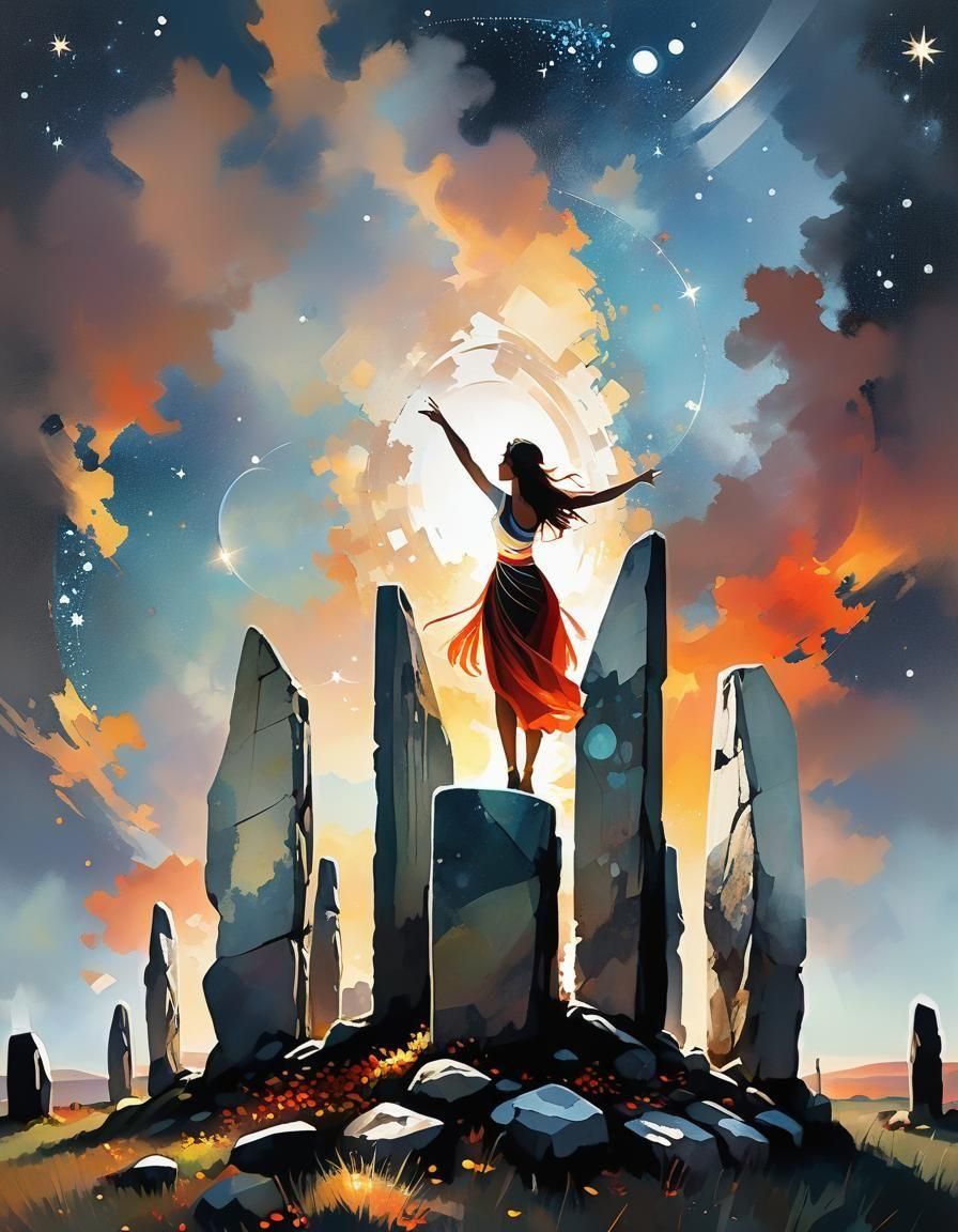 Dancers Among Standing Stones with Mosaic Sky