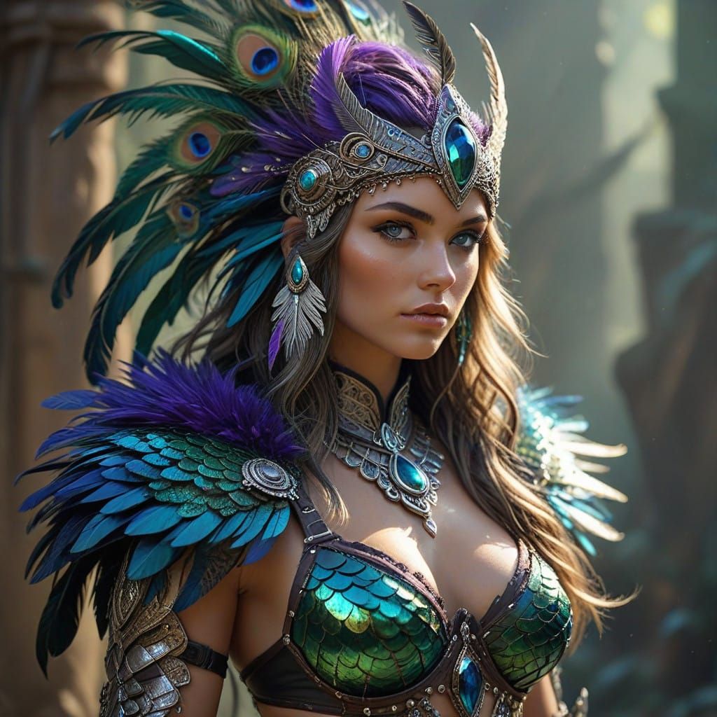 Majestic Warrior of the Iridescent Veil in Shimmering Armor