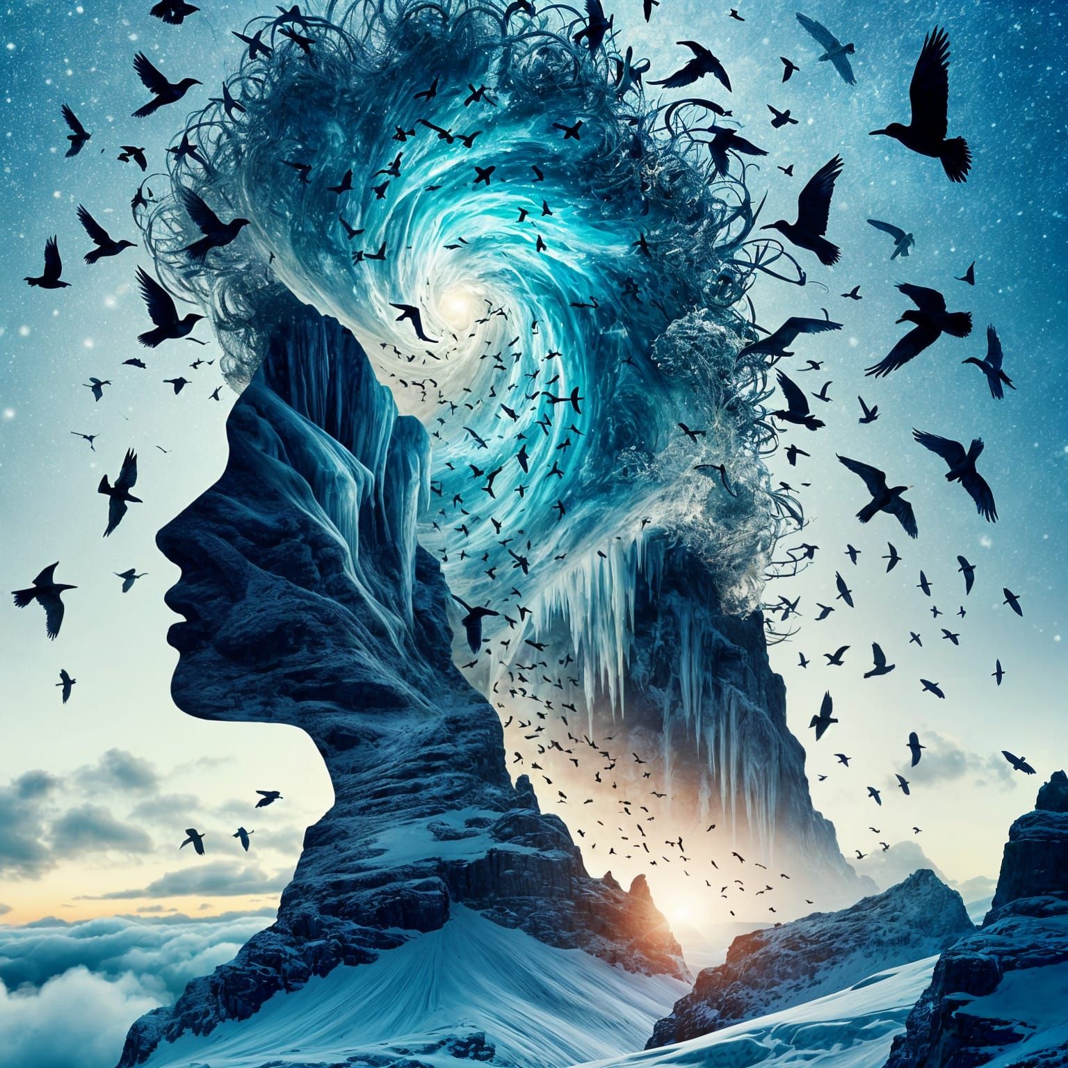Surreal Icy Woman Silhouette with Birds, Digital Art
