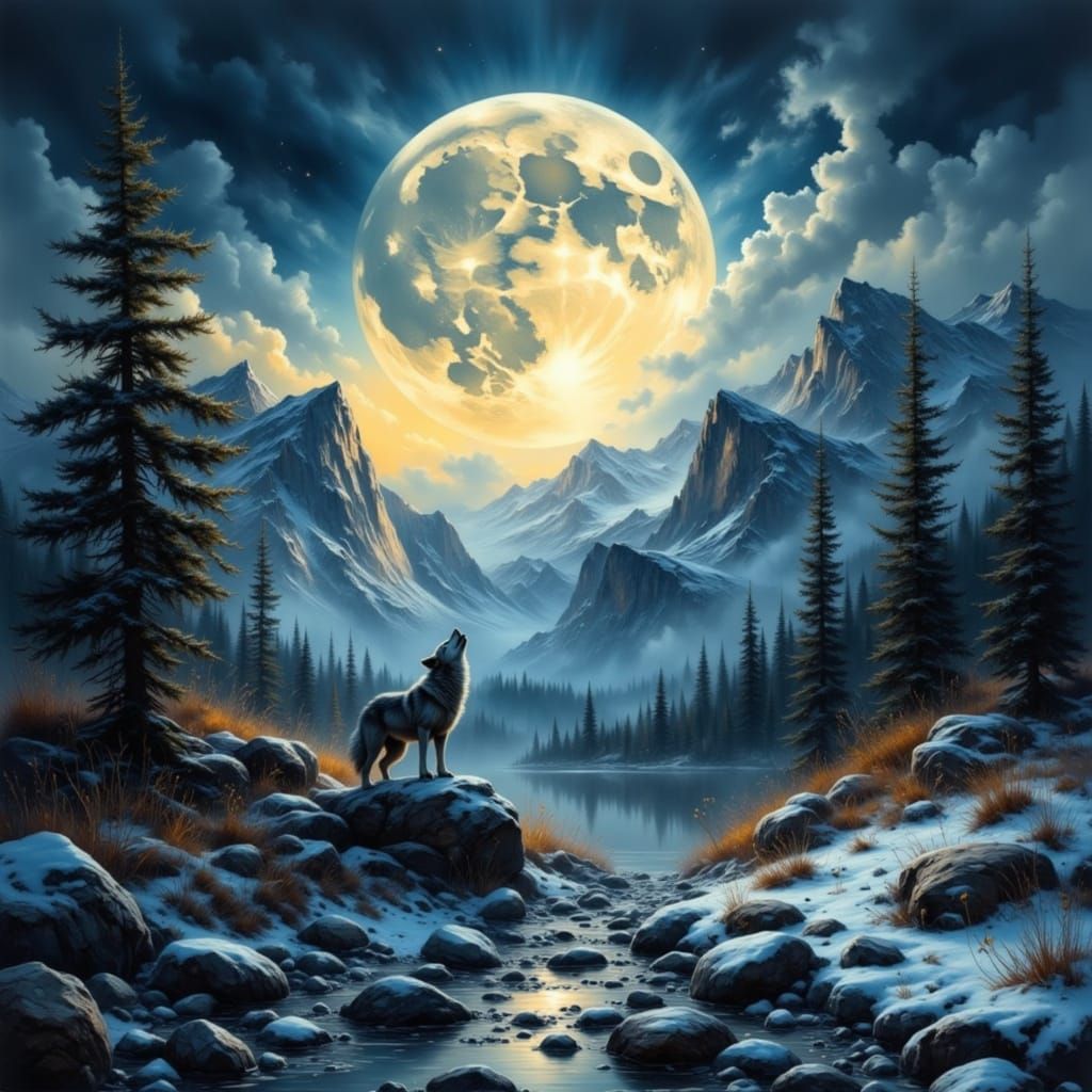 Wolf Howling at Moon in Smokey Grunge Landscape
