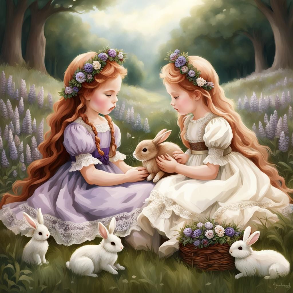 Fairytale Children Holding Bunnies in Grassy Glen