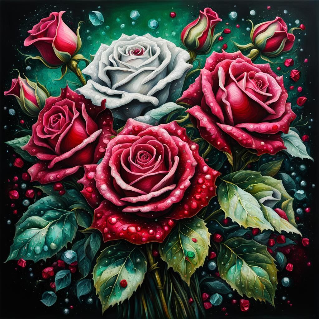 Baroque Ruby Rose Bouquet in Graffiti Art Style