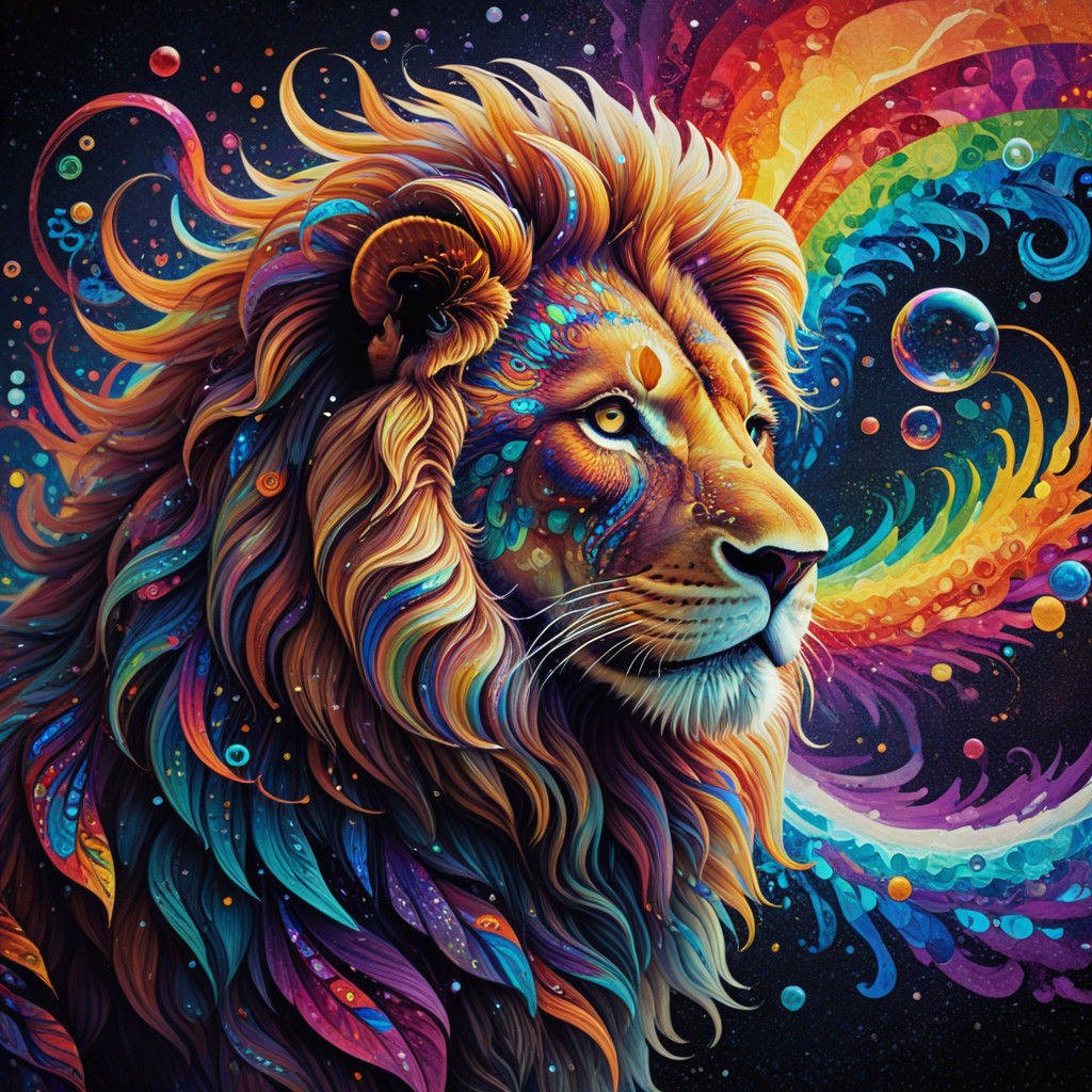 Surreal Rainbow Lion in Abstract Fractal Waves