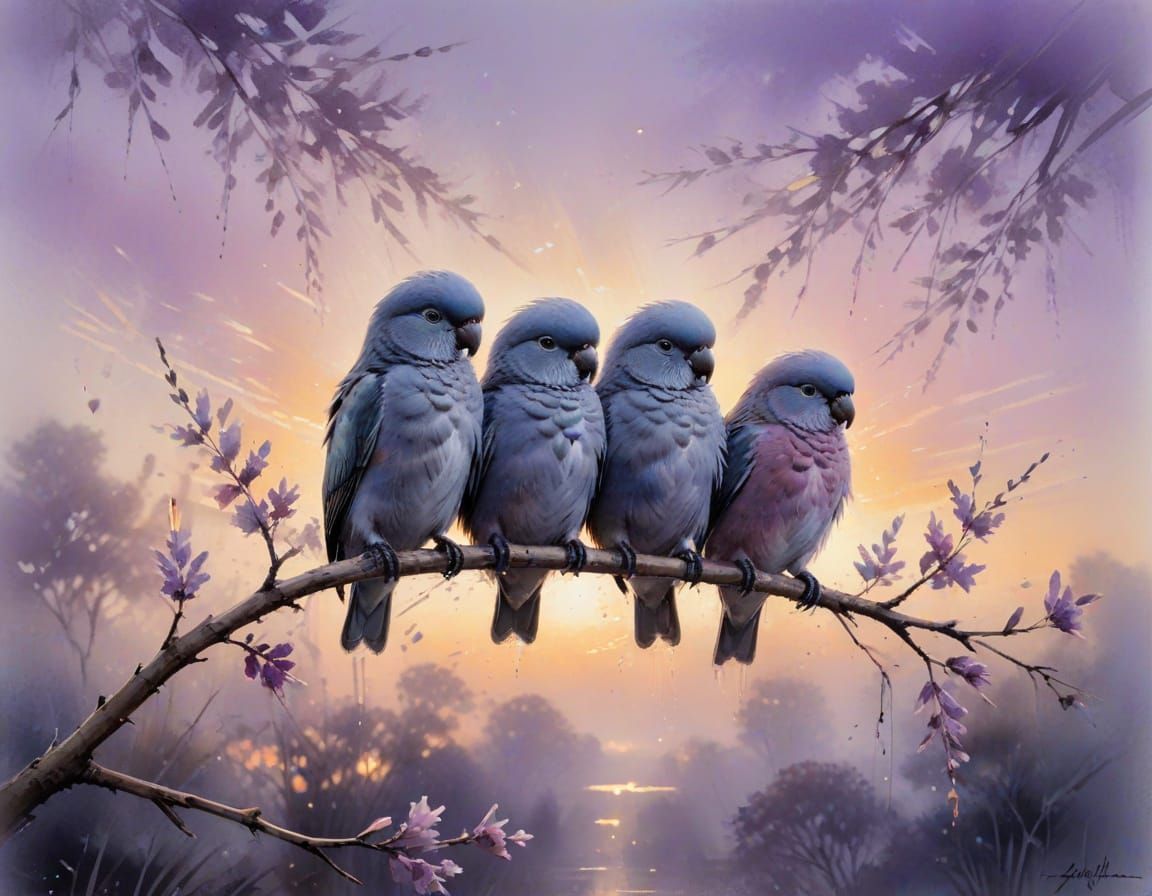 Lovebirds in Pastel Watercolor at Dusk