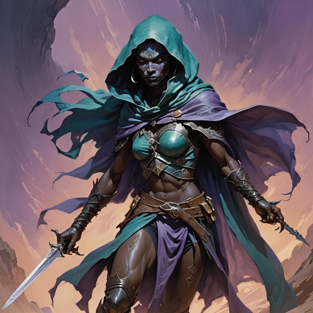 Dynamic fantasy concept art. Low-angle medium shot. Dark Elf in a dynamic pose and daggers in hand, cloaked, pale purple...