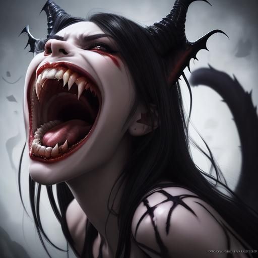 Hyperrealistic Vampiric Demoness with Fangs Splash Art