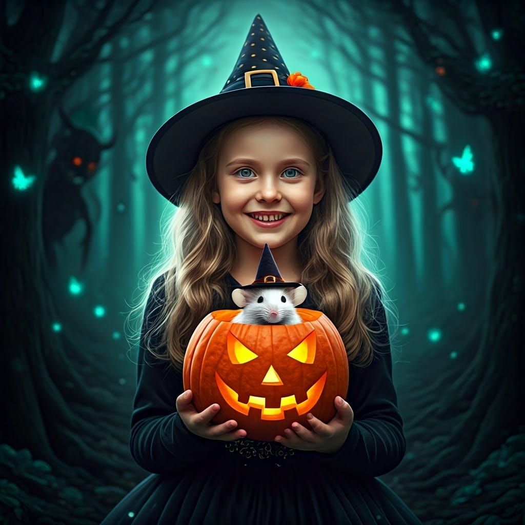 Happy Witch Girl with Mouse in Moonlit Forest