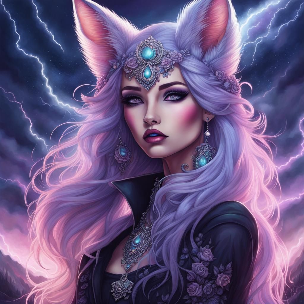 Pastel Goth Fox-Woman Hybrid in Fairycore Fantasy