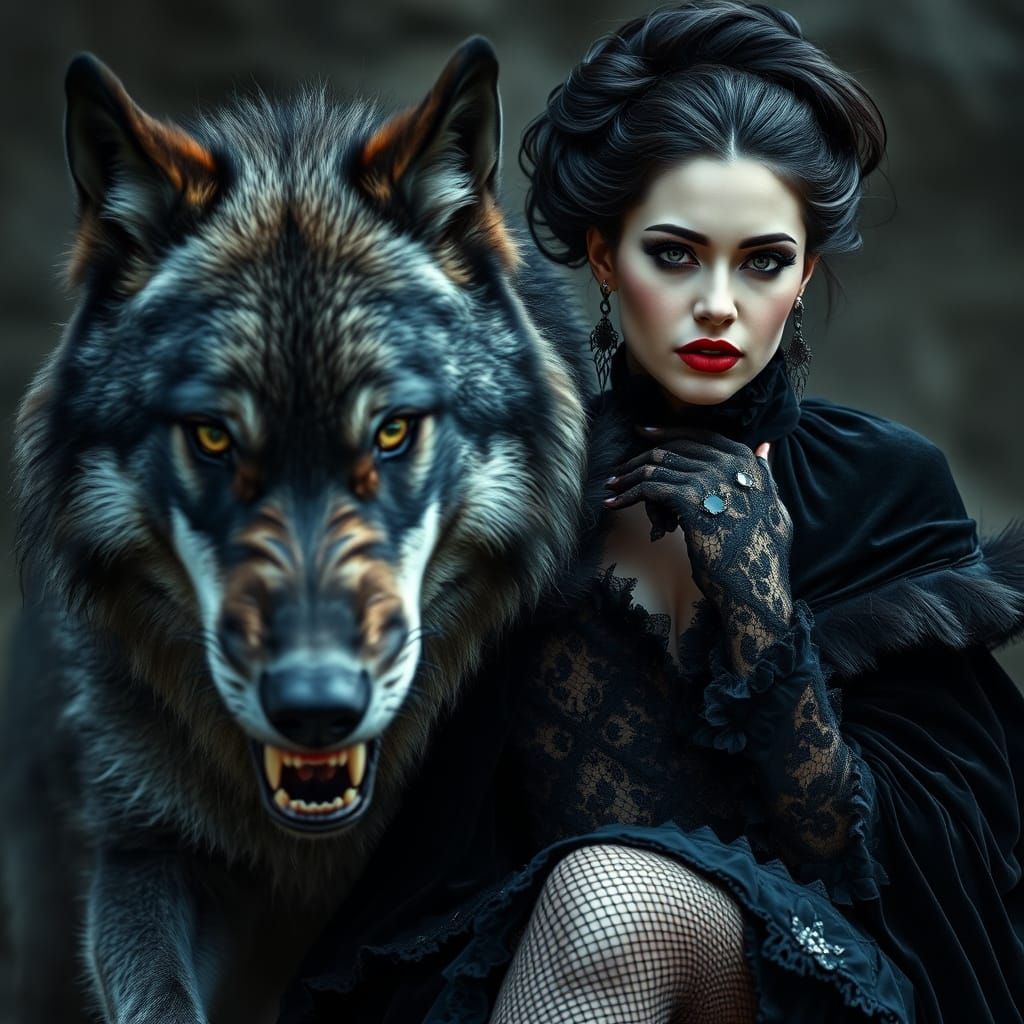 Gothic Queen and Majestic Wolf in Intimate Regency Pose
