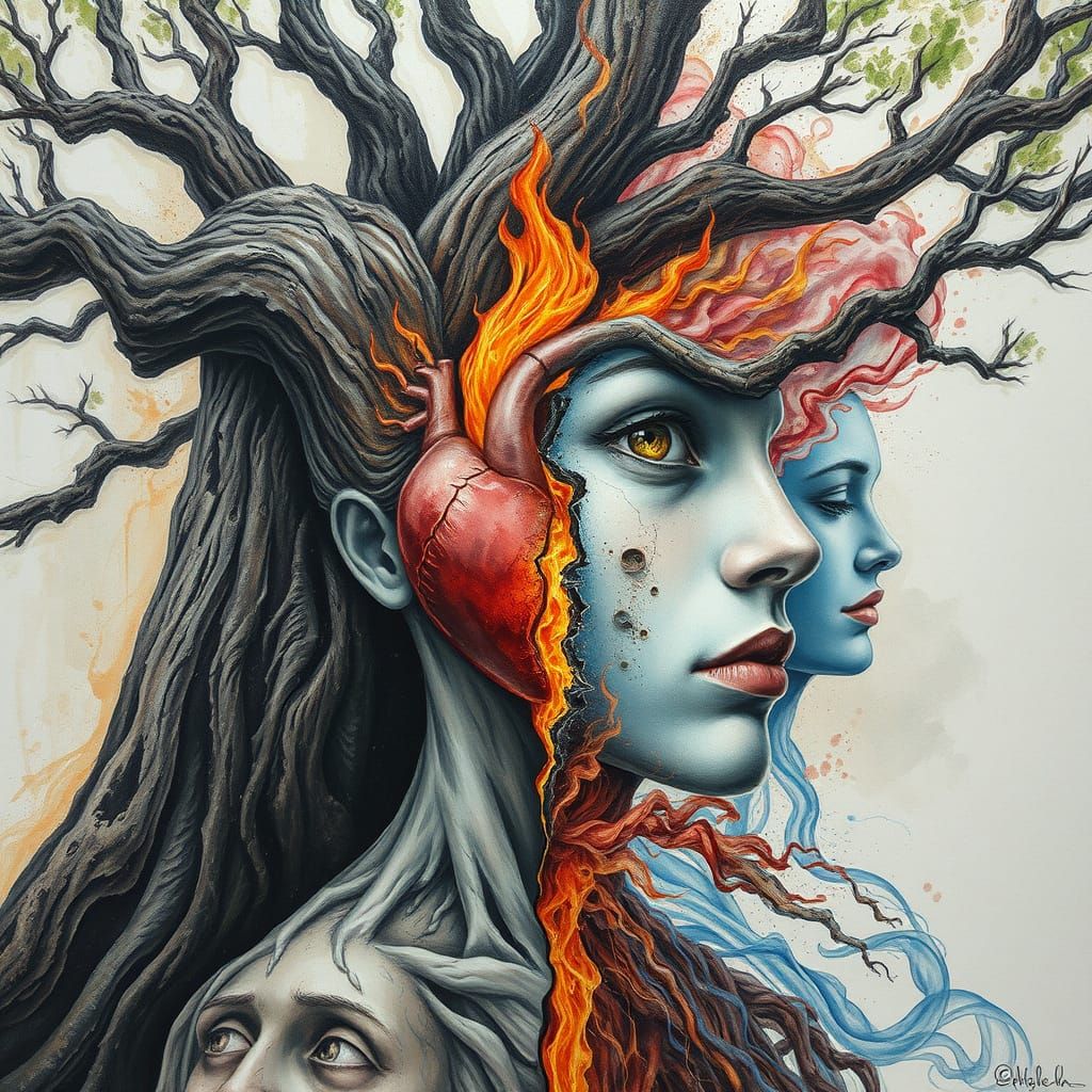 Surreal Oak Tree Heart in Contemporary Emotional Surrealism