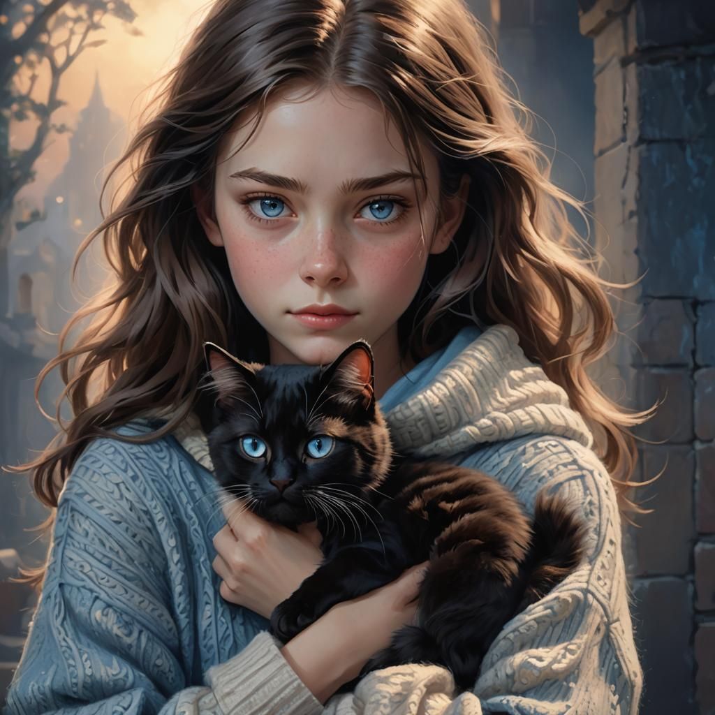 Girl Worriedly Hugs Cat in Matte Painting Style