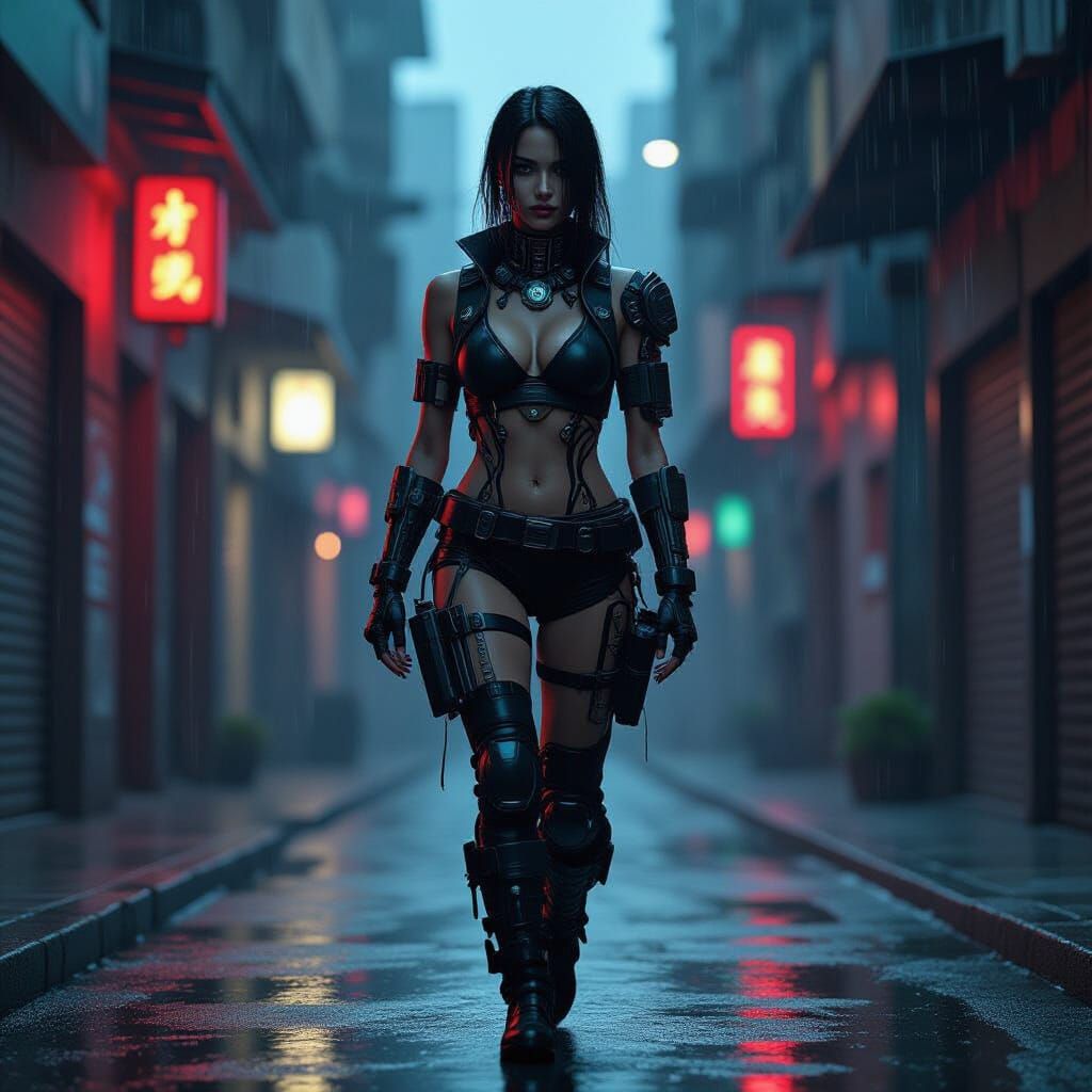 Cyberpunk Woman in Neon Alleyway with Steampunk Accents