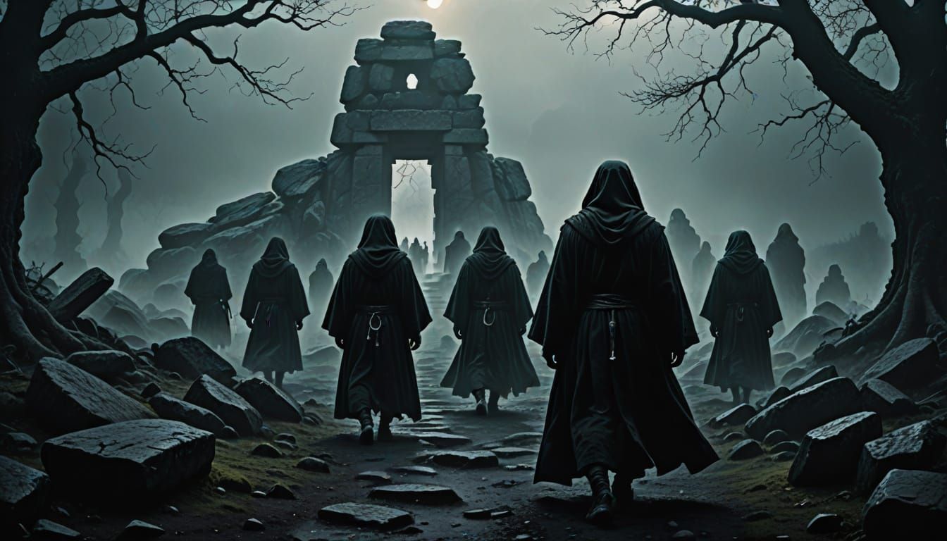 Ominous Figure in Misty Dark Fantasy Landscape